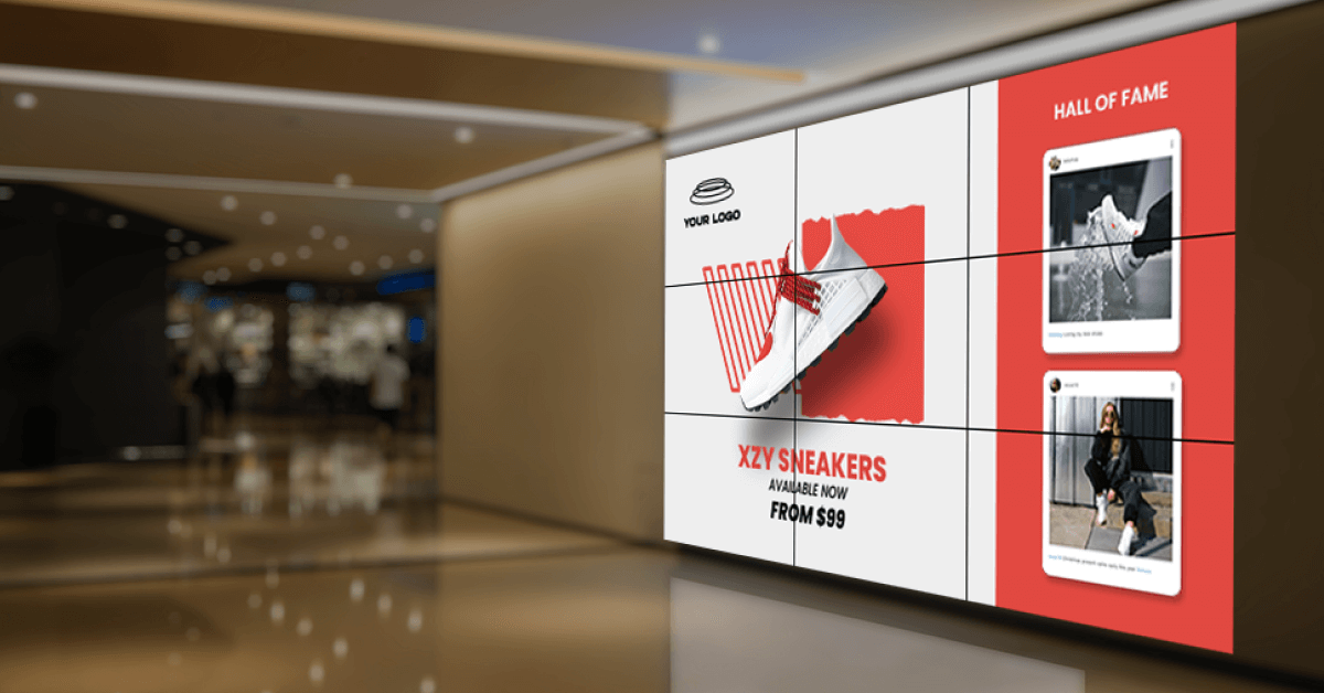 Mall digital display advertising white sneakers.