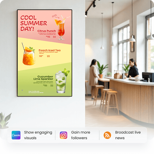Digital signage menu with summer drinks, Yodeck branding
